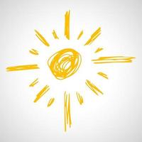 Hand drawn sun. Simple sketch sun. Solar symbol. Yellow doodle isolated on white background. Vector illustration.