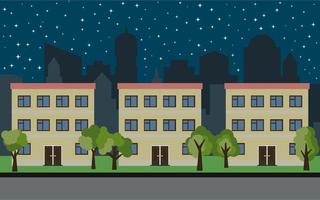 Vector city with three three-story cartoon houses and green trees at night. Summer urban landscape. Street view with cityscape on a background