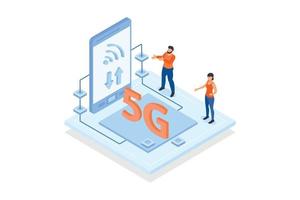 Conceptual template with people looking at phone with wifi signal on screen. Scene for 5G technology standard for mobile devices, broadband Internet access, isometric vector modern illustration