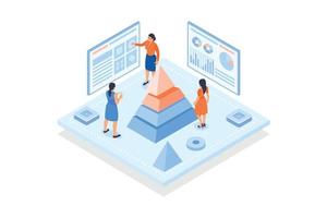 Conceptual template with scientists looking at cone divided into layers and screen with indicators. Scene for structural analysis, study of object components, isometric vector modern illustration