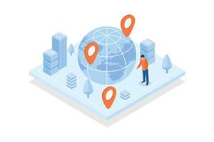 Conceptual template with person looking at globe or planet, map pins and city buildings. Scene for location monitoring application, app for street navigation, isometric vector modern illustration