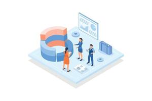 Conceptual template with group of people analyzing round chart. Scene for team of analysts working on data analysis project, statistical research, isometric vector modern illustration