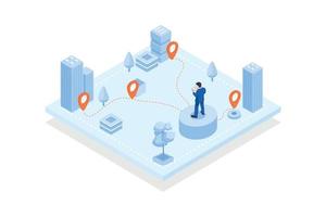 Conceptual template with man with smartphone standing on city street and network of map pins. Scene for technology for location search, navigation application, isometric vector modern illustration