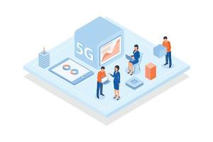 Conceptual template with people looking at charts and diagrams on screens of devices. Scene for mobile networks using 5G technology standard, isometric vector modern illustration
