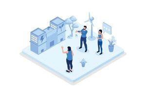 Smart intelligence technology in industrial factory. Characters wearing virtual reality headsets engineering with augmented reality. Industry 4.0, isometric vector modern illustration