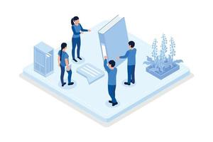 Book exchange and reuse , Characters recommending books, isometric vector modern illustration