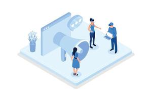 Digital marketing,  Characters integrating with audience on social media platform, isometric vector modern illustration