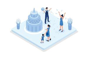 People celebrating birthday party. Characters standing near birthday cake, isometric vector modern illustration