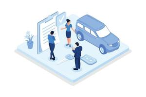 Auto insurance,  Character buying or renting car, isometric vector modern illustration
