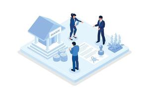 Business characters purchasing bonds or stock on capital market. Financial and stock trading concept, isometric vector modern illustration