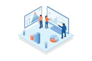 plantilla conceptual con personas que analizan gráficos, diagramas y gráficos. escena para análisis estructural, análisis de datos, sistema de monitoreo de información, ilustración moderna vectorial isométrica vector