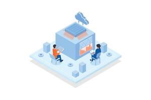 Conceptual template with people working on computers connected to integrated circuit and cloud. Scene for microchip programming, microcontroller software development, isometric vector