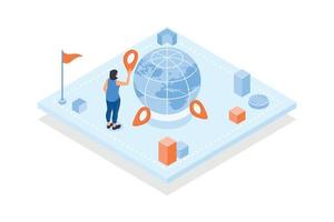 Conceptual template with person carrying location mark to globe or planet. Scene for application for search of geolocation, global navigation, isometric vector modern illustration