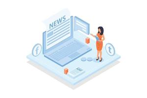 Conceptual template with person sitting in front of laptop computer and reading newspaper on screen. Scene for subscription to newsletter or news via email, isometric vector modern illustration