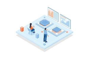 Conceptual template with people and screens with microprocessors performance metrics or indicators. Scene for microchip or integrated circuit comparison, isometric vector modern illustration