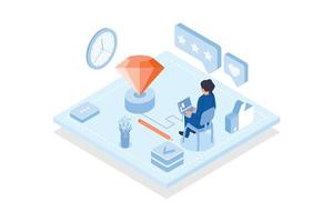 Conceptual template with woman working on keyboard connected to platform with diamond. Scene for creation of quality design, creative process, isometric vector modern illustration