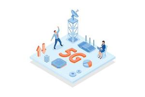 Conceptual template with man and woman looking at cell tower. Scene for pros and cons of 5G technology standard for digital cellular networks, isometric vector modern illustration