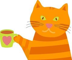 Orange funny cat with a mug of tea. vector