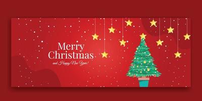 fondo rojo de navidad con estrella dorada brillante colgante. tarjeta de felicitación de feliz navidad. cartel de vacaciones de navidad y año nuevo, banner web, sitio web de encabezado. vector