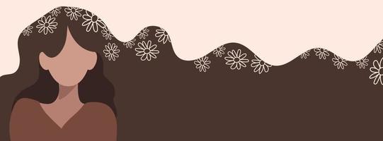 Independence woman s day. Woman with long brown hair with hand drawn spring and flower doodles. Horizontal format design ideal for web banner or greeting card. Flat style. vector