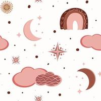 Hygge bakground. Hygge Autumn and winter pattern. Cute and cosy vector seamless pattern. Illustration of moon, clouds, rainbow and stars.