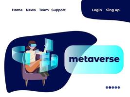 Website design Metaverse digital cyber world technology, woman holding virtual reality glasses surrounded with futuristic interface hologram data. vector