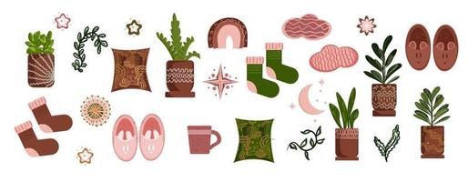 Cozy collection, indoors activities, concept of comfort and coziness, set of isolated vector illustrations, scandinavian hygge style, isolation period at home.