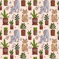 House plants and cats seamless pattern. Trendy home decor with plants vector illustration. Flowers in pot, house interior design. Hygge style