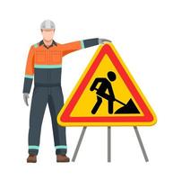 A road worker stands at a Road Works sign. Road signs. Travel ban. Vector illustration