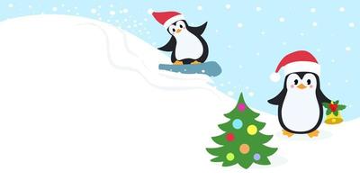 Banner or landing page with christmas tree and cute penguins wearing santa claus hats. Winter background. Vector illustration.