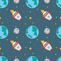A space rocket flies near the earth and the moon on a blue background. vector