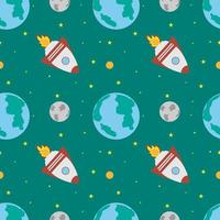 A space rocket flies near the earth and the moon on a green background. vector