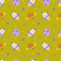 Space rocket and planets with stars on a yellow background. Space exploration. vector