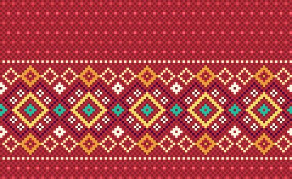 Geometric ethnic pattern, Vector pixel illustration pattern style, Red pattern surface background