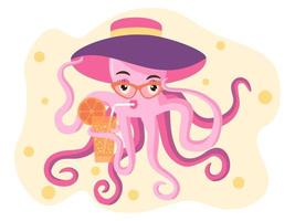 dibujo vectorial de un pulpo en un sombrero y gafas de playa vector