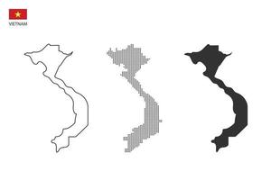 3 versiones del vector de la ciudad del mapa de vietnam por estilo de simplicidad de contorno negro delgado, estilo de punto negro y estilo de sombra oscura. todo en el fondo blanco.