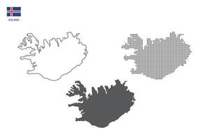 3 versions of Iceland map city vector by thin black outline simplicity style, Black dot style and Dark shadow style. All in the white background.