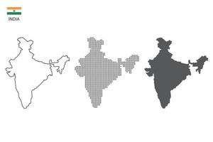 3 versions of India map city vector by thin black outline simplicity style, Black dot style and Dark shadow style. All in the white background.