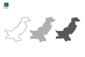 3 versiones del vector de la ciudad del mapa de pakistán por estilo de simplicidad de contorno negro delgado, estilo de punto negro y estilo de sombra oscura. todo en el fondo blanco.