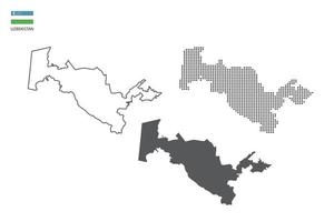 3 versiones del vector de la ciudad del mapa de uzbekistán por estilo de simplicidad de contorno negro delgado, estilo de punto negro y estilo de sombra oscura. todo en el fondo blanco.