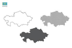 3 versiones del vector de la ciudad del mapa de kazajstán por estilo de simplicidad de contorno negro delgado, estilo de punto negro y estilo de sombra oscura. todo en el fondo blanco.