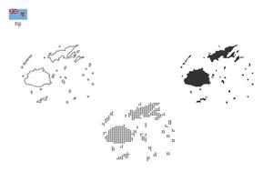 3 versiones del vector de la ciudad del mapa fiyi por estilo de simplicidad de contorno negro delgado, estilo de punto negro y estilo de sombra oscura. todo en el fondo blanco.