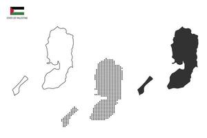 3 versiones del vector de la ciudad del mapa del estado de palestina por estilo de simplicidad de contorno negro delgado, estilo de punto negro y estilo de sombra oscura. todo en el fondo blanco.