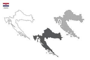 3 versiones del vector de la ciudad del mapa de croacia por estilo de simplicidad de contorno negro delgado, estilo de punto negro y estilo de sombra oscura. todo en el fondo blanco.