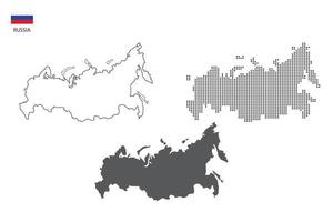 3 versiones del vector de la ciudad del mapa de rusia por estilo de simplicidad de contorno negro delgado, estilo de punto negro y estilo de sombra oscura. todo en el fondo blanco.