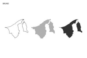 3 versiones del vector de ciudad de mapa de brunei por estilo de simplicidad de contorno negro delgado, estilo de punto negro y estilo de sombra oscura. todo en el fondo blanco.