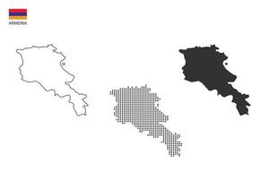 3 versiones del vector de la ciudad del mapa de armenia por estilo de simplicidad de contorno negro delgado, estilo de punto negro y estilo de sombra oscura. todo en el fondo blanco.