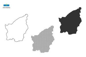 3 versiones del vector de la ciudad del mapa de san marino por estilo de simplicidad de contorno negro delgado, estilo de punto negro y estilo de sombra oscura. todo en el fondo blanco.