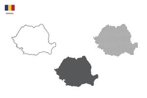 3 versiones del vector de la ciudad del mapa de rumania por estilo de simplicidad de contorno negro delgado, estilo de punto negro y estilo de sombra oscura. todo en el fondo blanco.