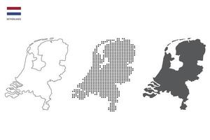 3 versiones del vector de la ciudad del mapa de los Países Bajos por estilo de simplicidad de contorno negro delgado, estilo de punto negro y estilo de sombra oscura. todo en el fondo blanco.